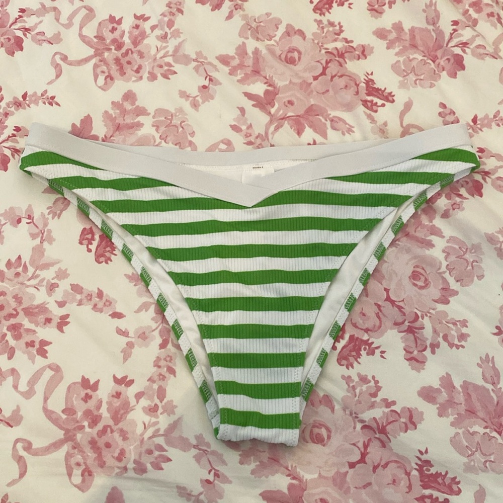 NWOT Shade & Shore Green and White Striped High-Waisted Cheeky Swim Bottoms